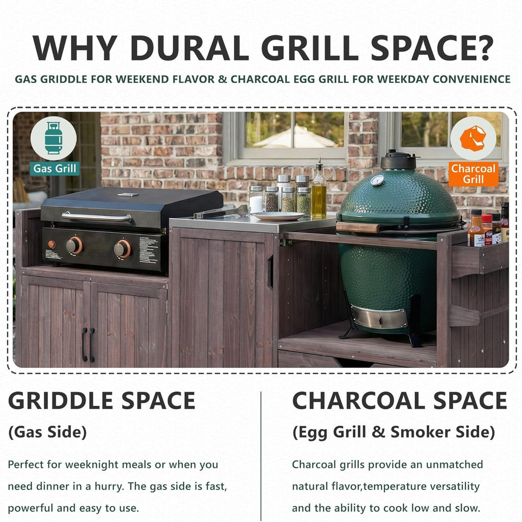 Merax 80.5" Outdoor Kitchen Island for Big Green Egg& Blackstone Griddle,Solid Wood Grill Cart Table with Stainless Steel Top,Drawer for Large Big Green Egg and 21"/28" Blackstone Griddle,Dark Brown
