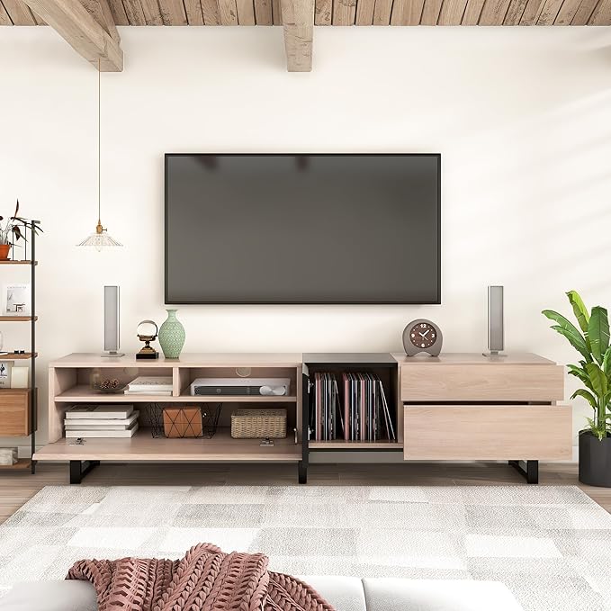 Ball & Cast 70" Modern TV Stand for TVs up to 80", Media Console with Drop-Down Door, 2 Drawers & Adjustable Shelf, Entertainment Center w/Ample Storage for Living Room, Home Theatre, Natural Wood