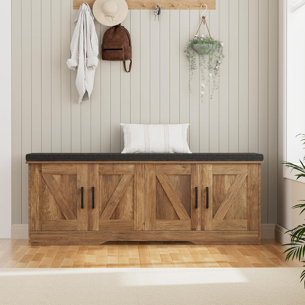 HOMSHO Farmhouse Shoe Storage Bench with 4 Barn Doors & Padded Seat Cushi...
