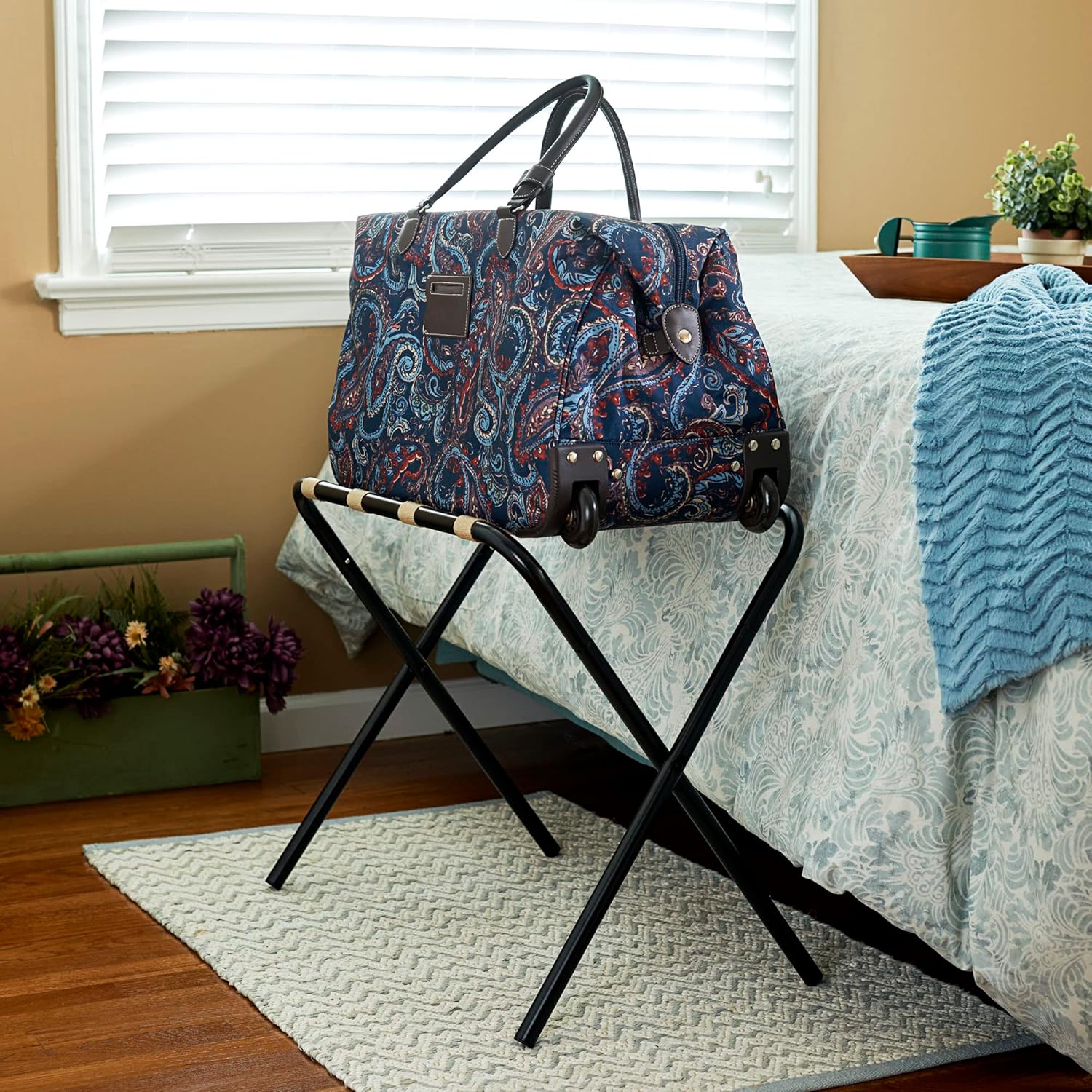 Household Essentials 2126-1 Folding Luggage Rack | Black Frame with Khaki Straps
