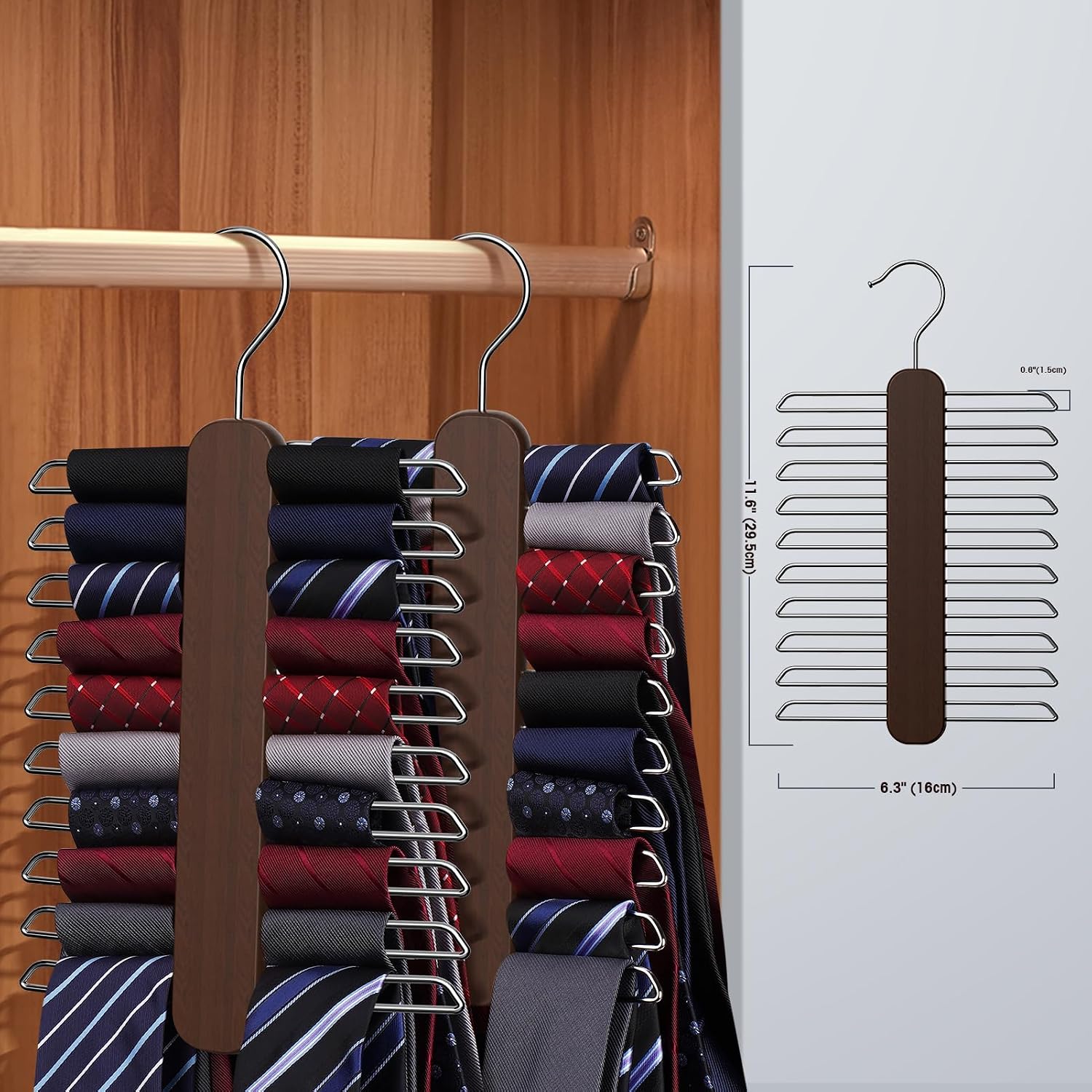 Tie Hanger,Tie Organizer for Closet 20 Storage Capacity,Wooden Necktie Organizer Tie Holder,360 Degree Rotating Accessory Organizers for Tie,Belt,Scarf