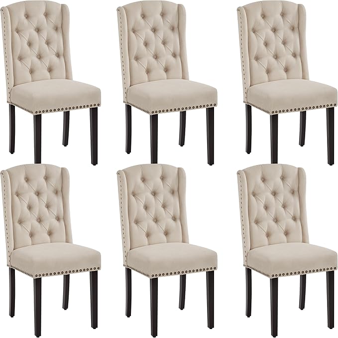 Yaheetech Upholstered Dining Chairs Set of 6 Button Tufted Kitchen Chairs with Solid Wood Legs and Nailhead Trims for Dining Room, Living Room, Restaurant, Beige