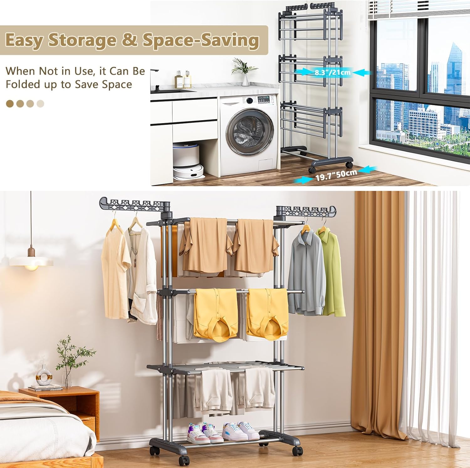 PurKeep 𝟔𝟓% 𝐎𝐅𝐅 Clothes Drying Rack with Wheels, 4 Tier Folding Drying Rack, Heavy Duty Laundry Drying Rack with Expandable Side Wings, Indoor Outdoor Clothes Air Drying Rack for Large Family