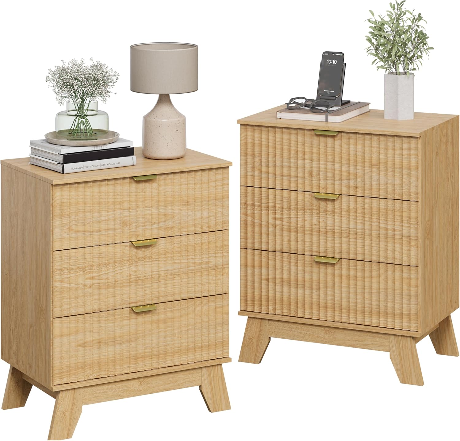 Night Stand Set 2, Bedside Table & End Table, Mid Century Modern Fluted Wood Nightstand with 3 Drawers & Metal Handles, Farmhouse Nightstand for Bedroom, Natural Oak