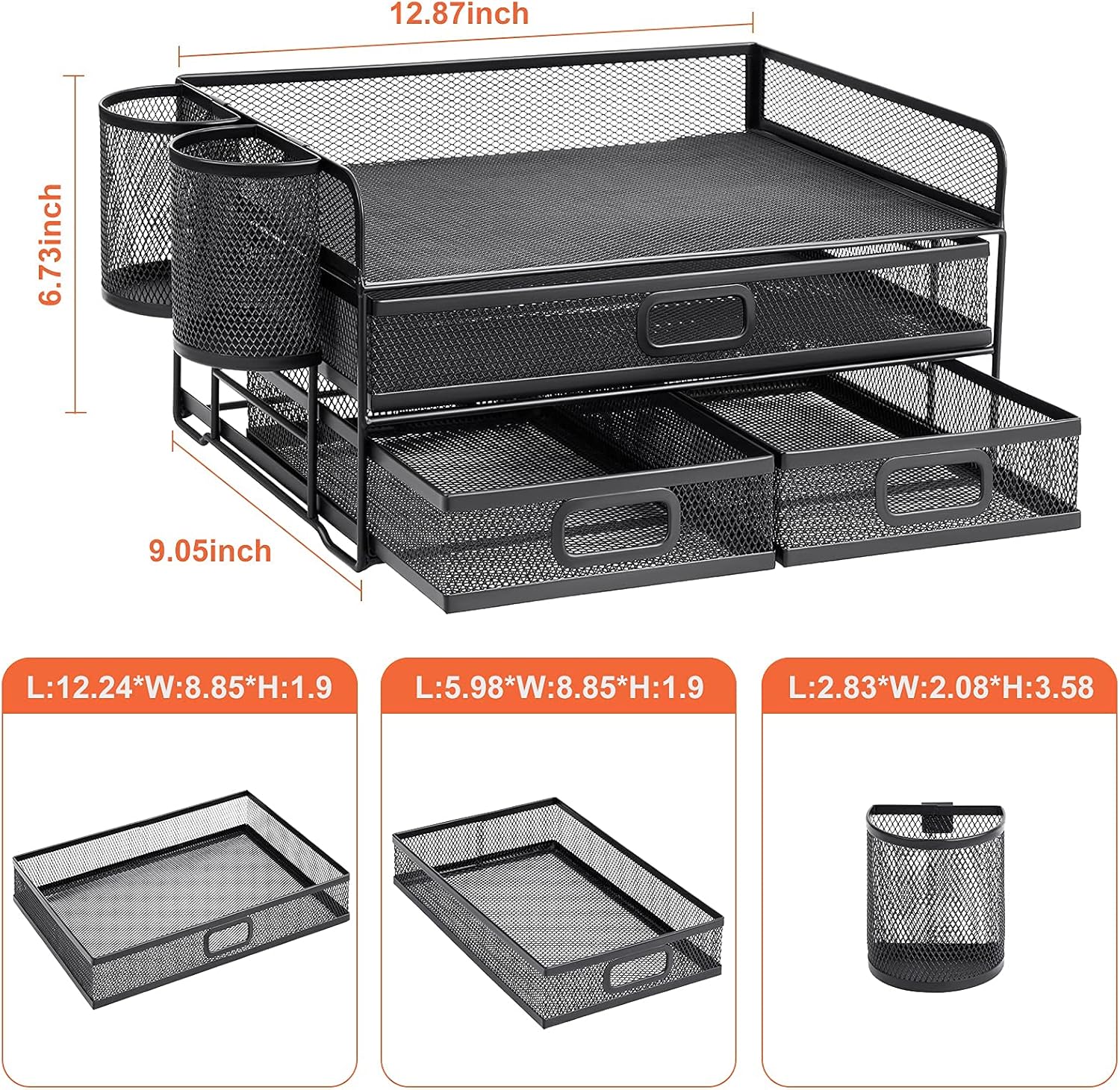 Marbrasse 3 Tier Mesh Desk Organizer with Drawer, Multi-Functional Desk Organizers and Accessories, Paper Letter Organizer with 2 Pen Holder for Home Office Supplies (Black)
