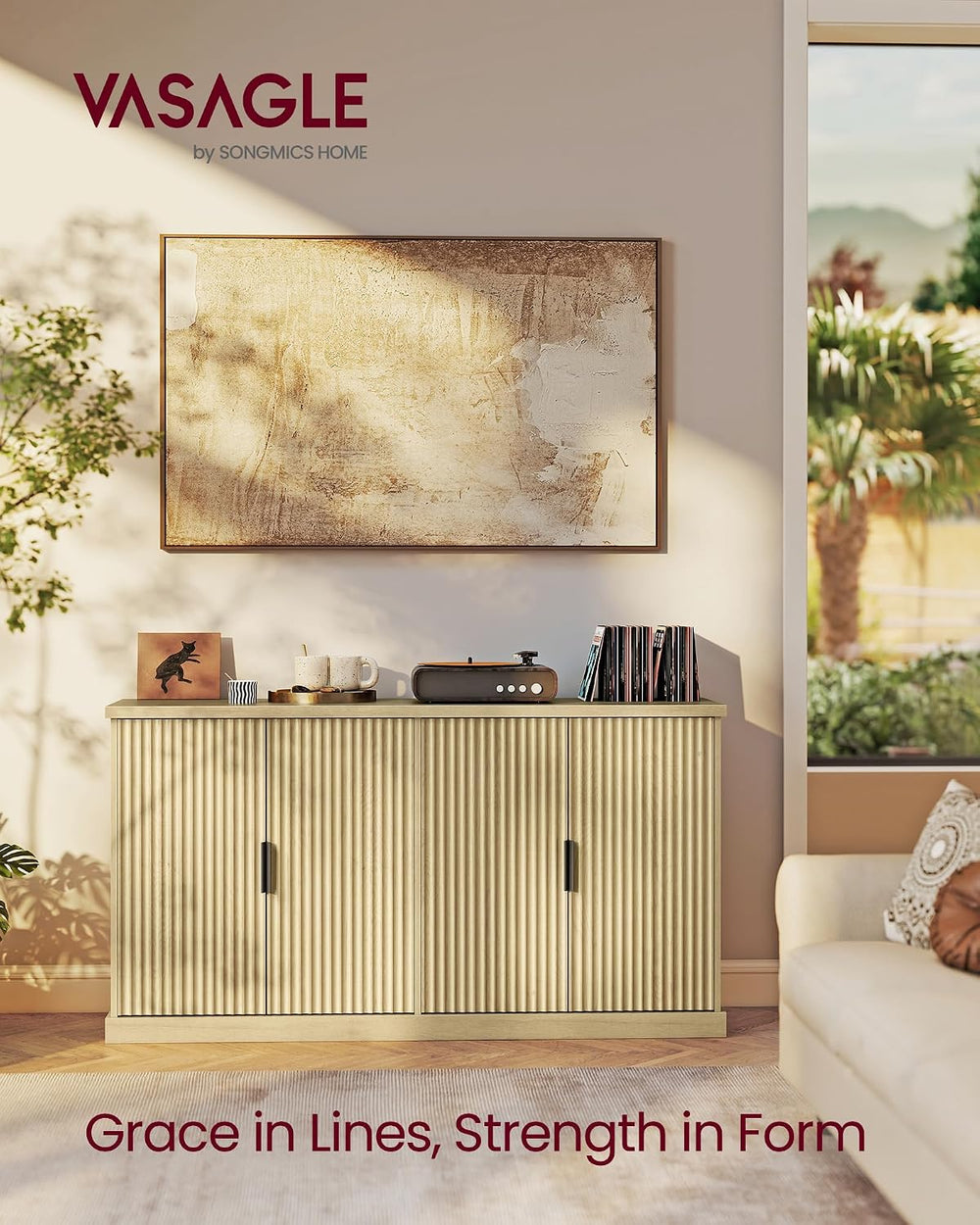 VASAGLE Contemporary Buffet Cabinet with Adjustable Shelves, Fluted Doors