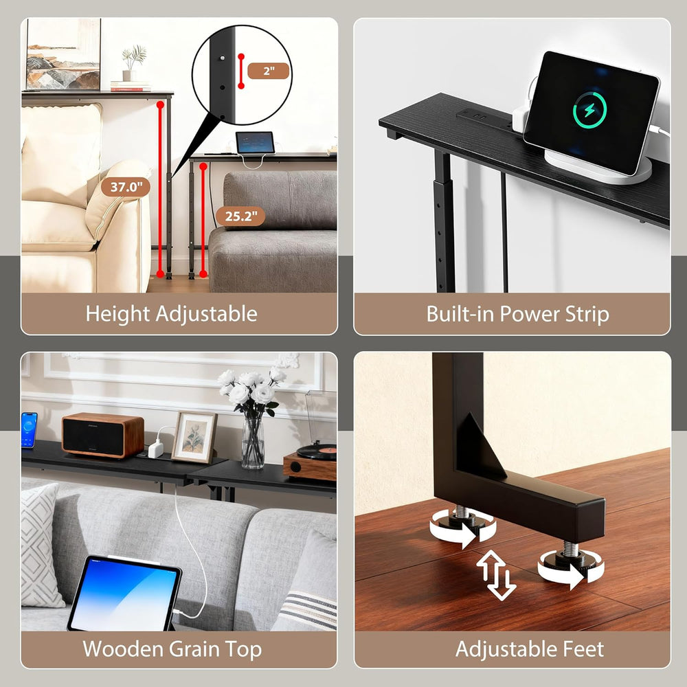 Keelian 78 inch Behind Couch Table with Outlets Adjustable Sofa Table Black