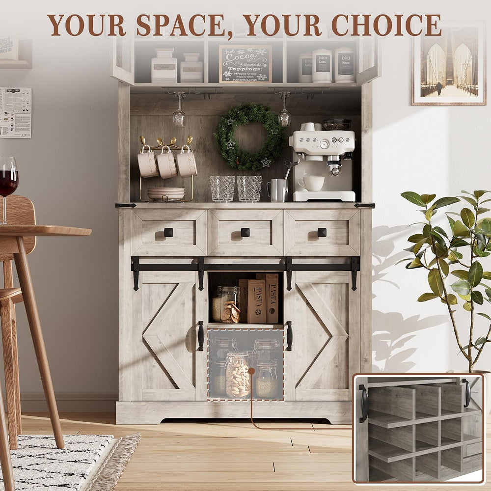 72" Kitchen Pantry Storage Cabinet with Hutch and Sliding Barn Door, Far...