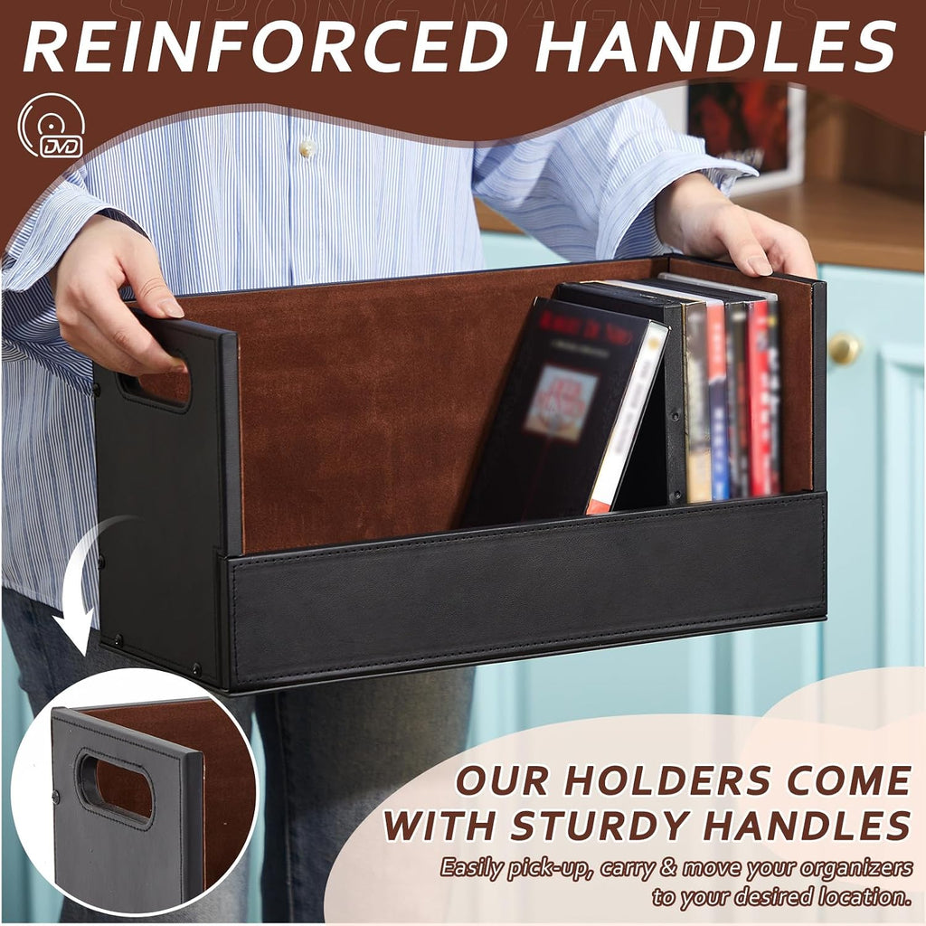 CroBlissful 2 Set Leather Dvd Storage Box Stackability Dvd Storage Shelf Holder Racks Cassette Tape Display Stand with Carrying Handles for Movie Cases Organizer Can Store up to 52 Boxes