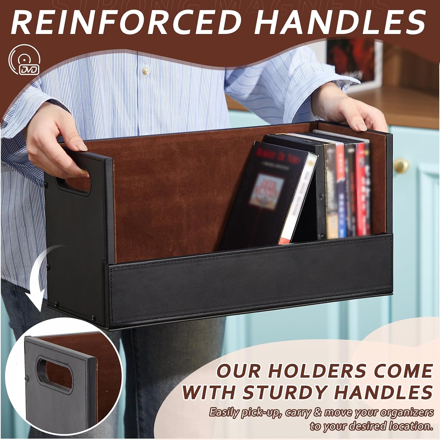 CroBlissful 2 Set Leather Dvd Storage Box Stackability Dvd Storage Shelf Holder Racks Cassette Tape Display Stand with Carrying Handles for Movie Cases Organizer Can Store up to 52 Boxes
