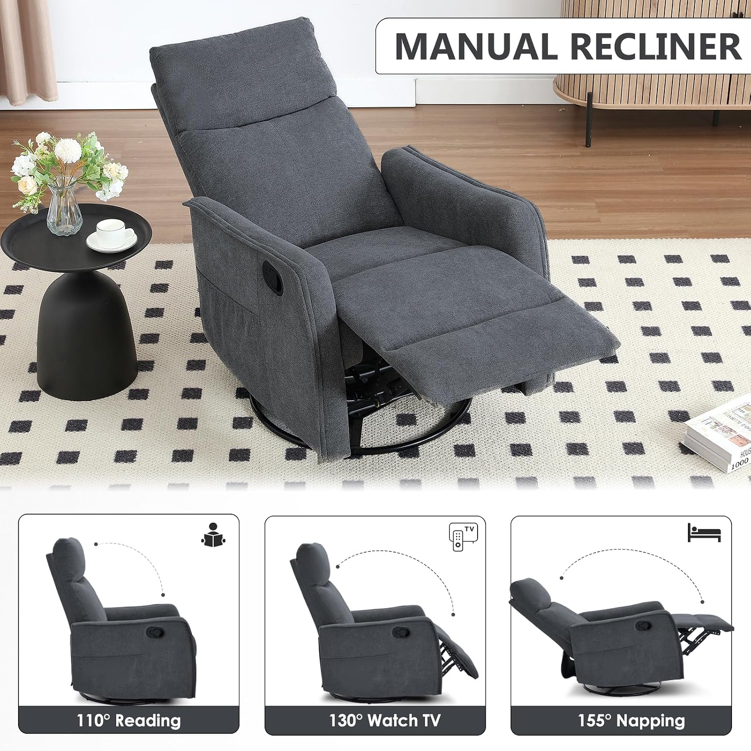 Trustyue Swivel Rocker Recliner Chair, 360° Swivel Recliner with Heat and Massage, Rocker Recliner Nursery Glider Chair with Side Pockets for Living Room (Grey, Fabric)