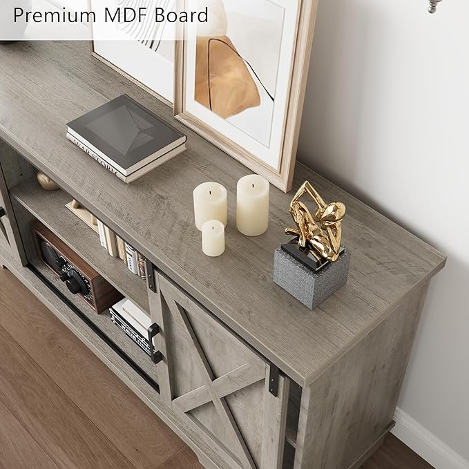 IDEALHOUSE Farmhouse Tv Stand for 65 inch TVs, Entertainment Center with Sliding Barn Doors and Adjustable Shelf, Modern Storage Media TV Console TV Stand Table for Living Room, Bedroom, Grey