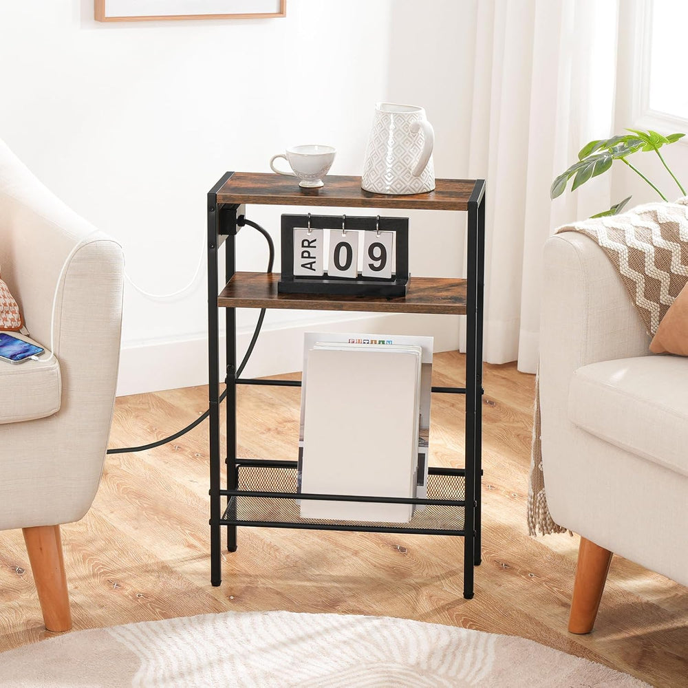 HOOBRO Small Narrow Side Table with Charging Station, Skinny End Table for Sm...
