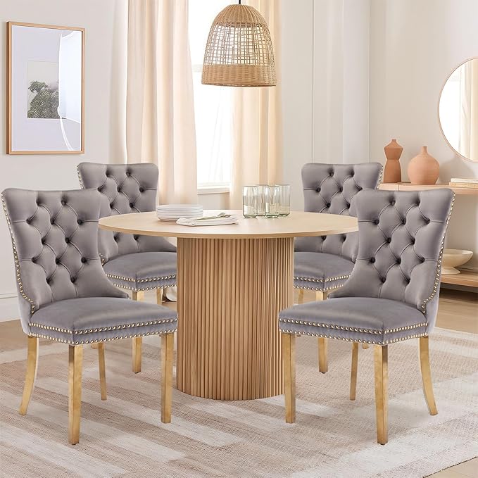 Velvet Upholstered Dining Chairs Set of 4, Modern Style Kitchen Side Chairs with Nailhead Trim and Gold Plated Leg, Metal Pulling Ring for Dining Room Living Room(Gery-Gold Plated Leg)