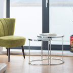 Relaxdays Nesting Round, Chrome Frame, Set of 2, Modern Design-Frosted Glass, Side End Tables, Metal, Silver, 50x50x51 cm