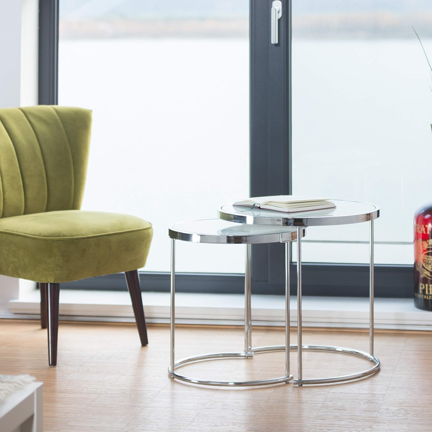 Relaxdays Nesting Round, Chrome Frame, Set of 2, Modern Design-Frosted Glass, Side End Tables, Metal, Silver, 50x50x51 cm