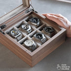 TAWBURY Wooden Watch Case - 6 Slot Wood Watch Box for Men & Women with Glass Display, Protective Fully Lined Interior and 2-inch Wide Pillows for Large Watches (Light Walnut)