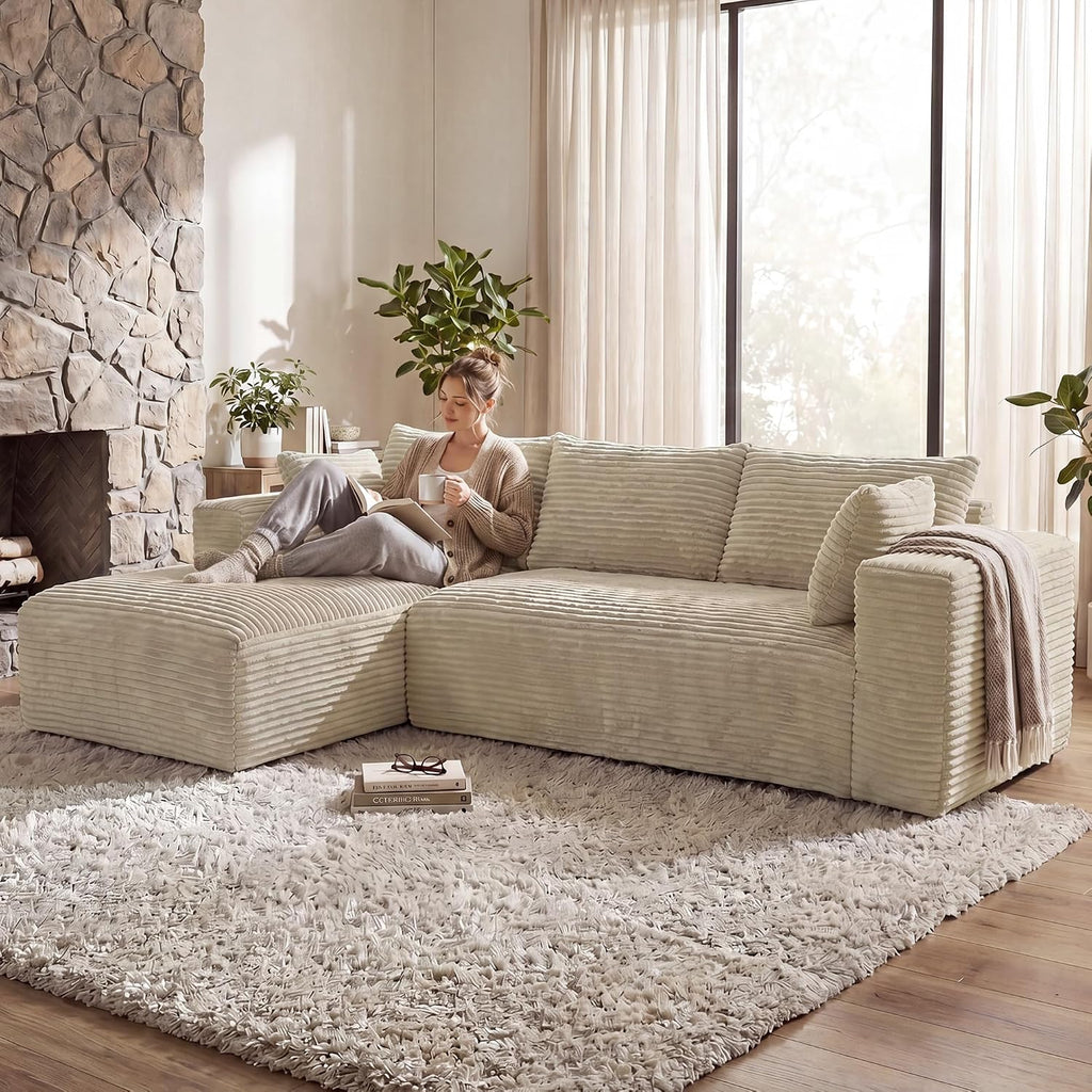 107" L-Shaped Boneless Sectional Sofa with Left-Facing Chaise, Beige | Deep-seat corduroy cloud couch with a modular boneless design and no assembly required for easy, comfortable lounging.