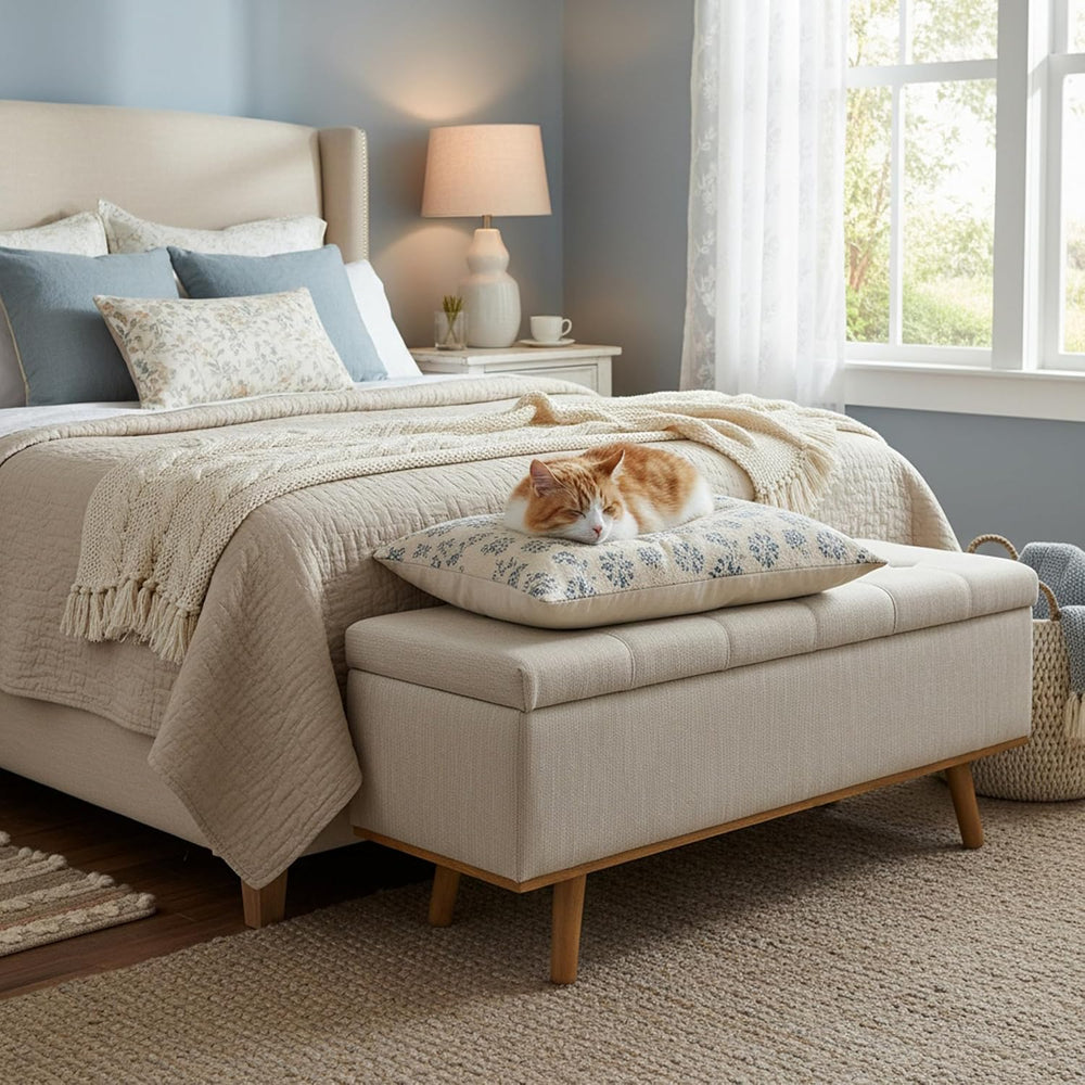 Storage Ottoman Bench, 45" End of Bed Bench, Beige | Hidden Storage Spac...