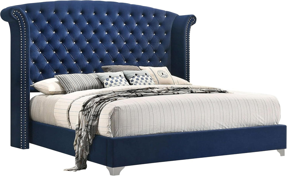 Chantel Pacific Blue Velvet Wingback Eastern King Bed - Tufted Upholstery, Ch...