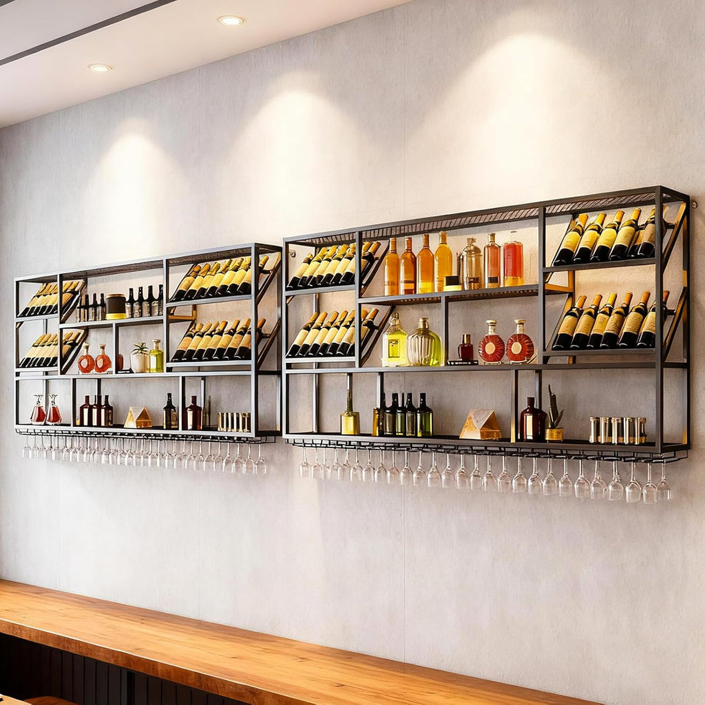 59" Wall Mounted Wine Rack, 3-Tier Liquor Shelf with Glass Holder | Large metal wines bottle display shelf, modern bar shelves. For Kitchen Dining Bar Home