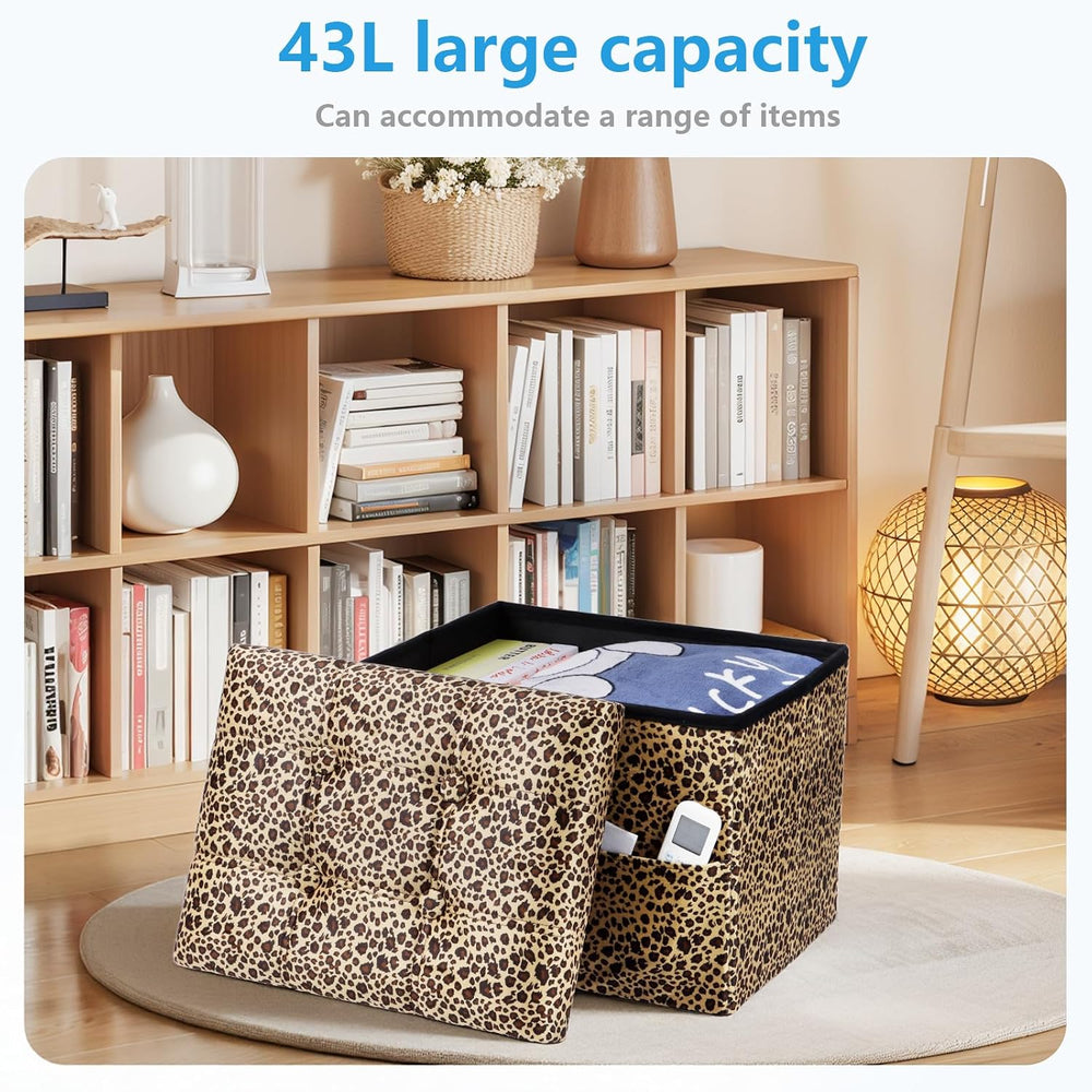 AmasSmile Storage Ottoman Folding Foot Rest Stool with Side Pocket, 17 inch V...