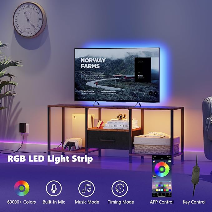 TV Stand with LED Lights, Entertainment Center with Open Shelves and Fabric D...