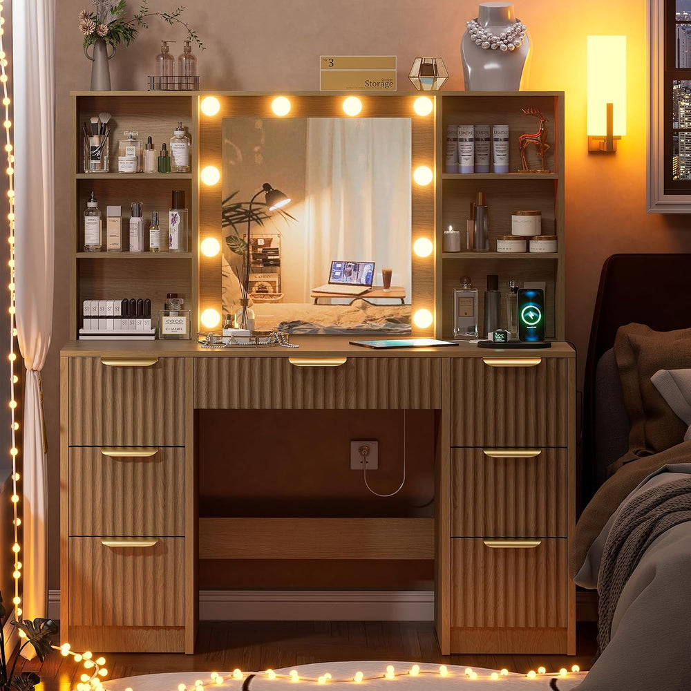Fluted Vanity Desk with Mirror and 10 Adjustable LED Lights, Modern Makeup De...