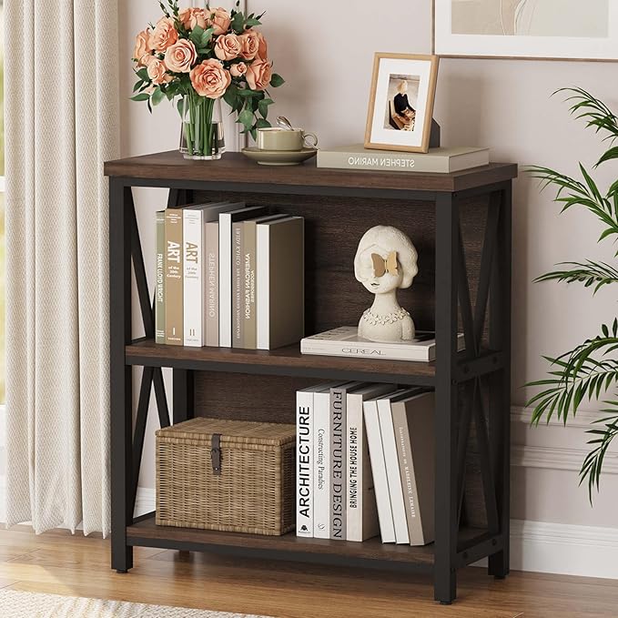 FATORRI Small Bookshelf, Rustic Book Shelf for Small Space, Low Short Bookcase, Industrial Wood and Metal Bookshelf and Bookcase for Living Room (Rustic Brown)