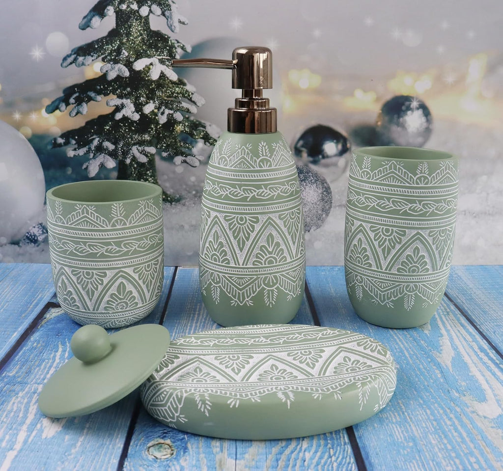 Hymmah Green Bathroom Accessories Set,Farmhouse Bathroom Decor,4 Pcs Resin Gift Set Apartment Necessities, Contain Cotton Swab Jar,Soap Dispenser,Tumbler，Soap Dish/Tray