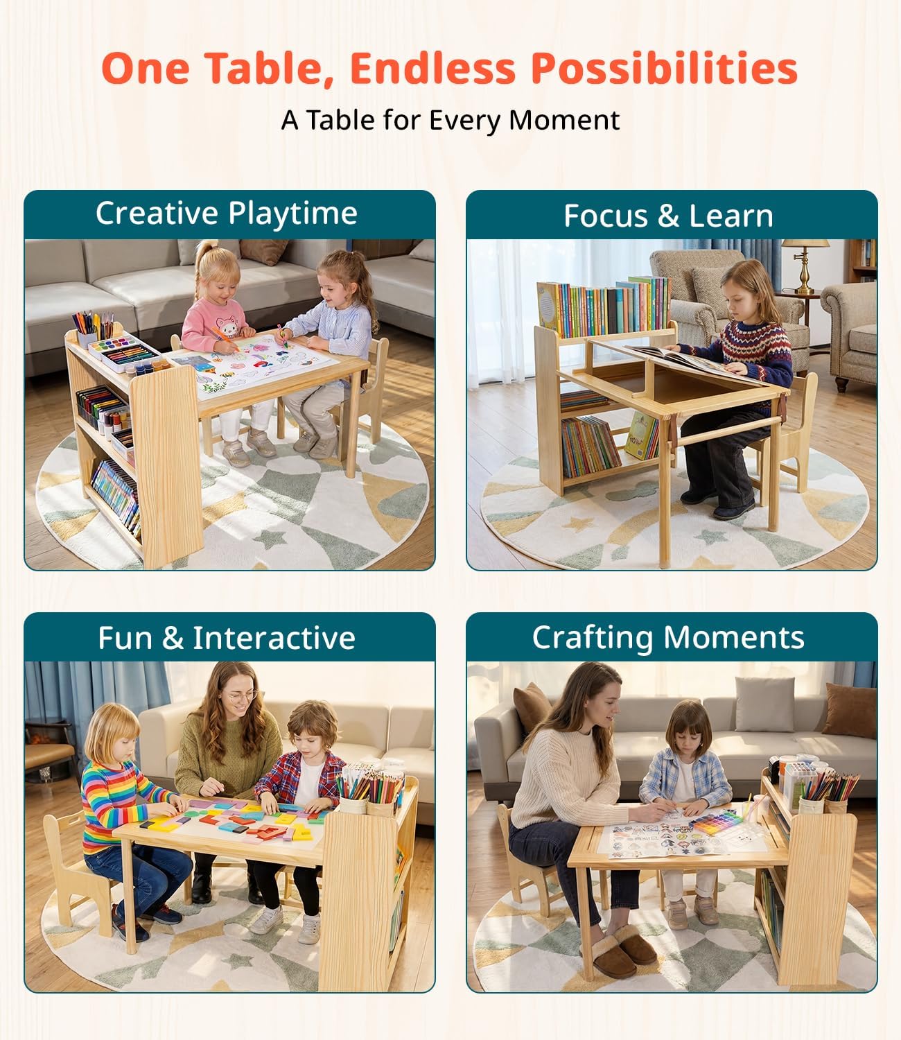 JOIN&JOY Kids Art Table and 2 Chair Set, Multifunctional Craft Table with Storage Shelves, Toddler Activity for Creativity, Drawing, Learning & Playtime | Toddler Activity Desk for Creativity, Drawing, Learning & Playtime