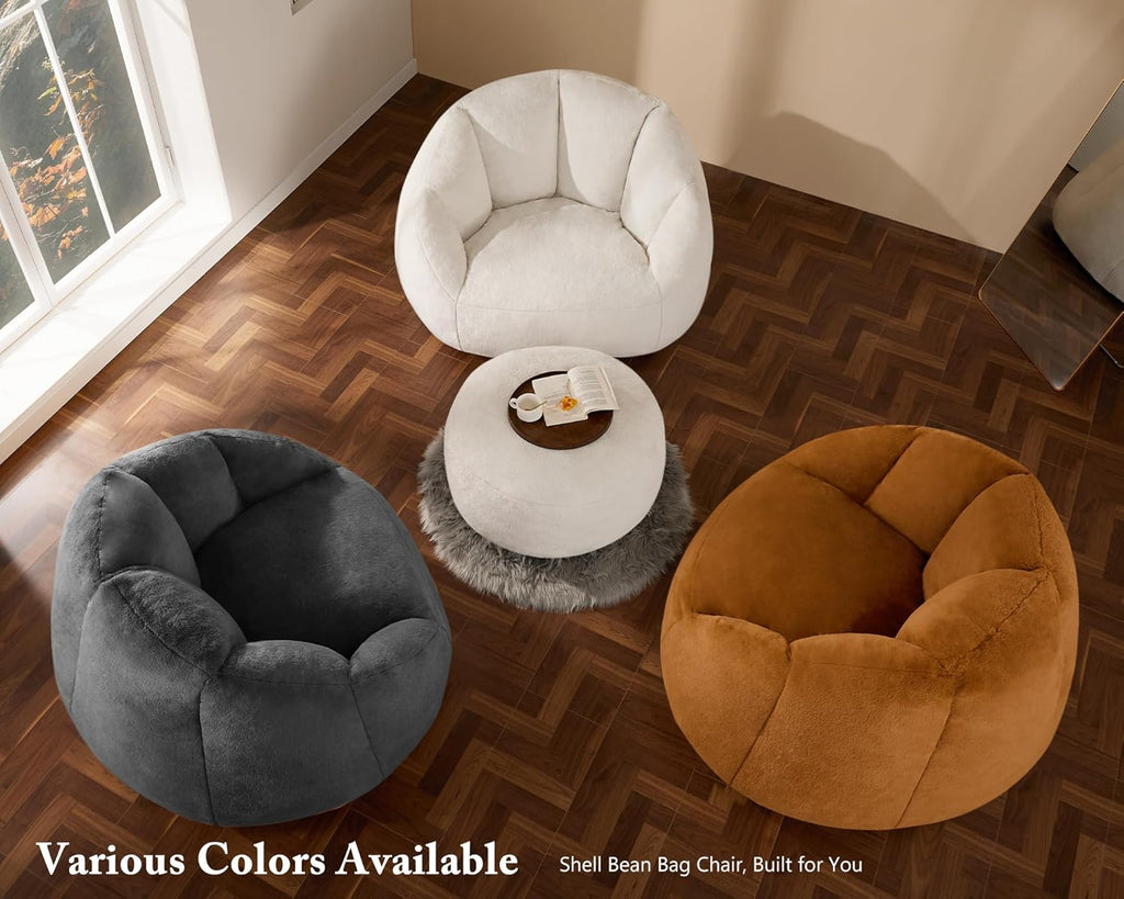 Gericco Swivel Giant Bean Bag Chair for Adults with Ottoman - Comfy Plush Round Shell Soft Accent Chaise Lounge Indoor Chair, Oversized Cozy Floor Sofa for Living Room, Bedroom & Game Rooms, Beige
