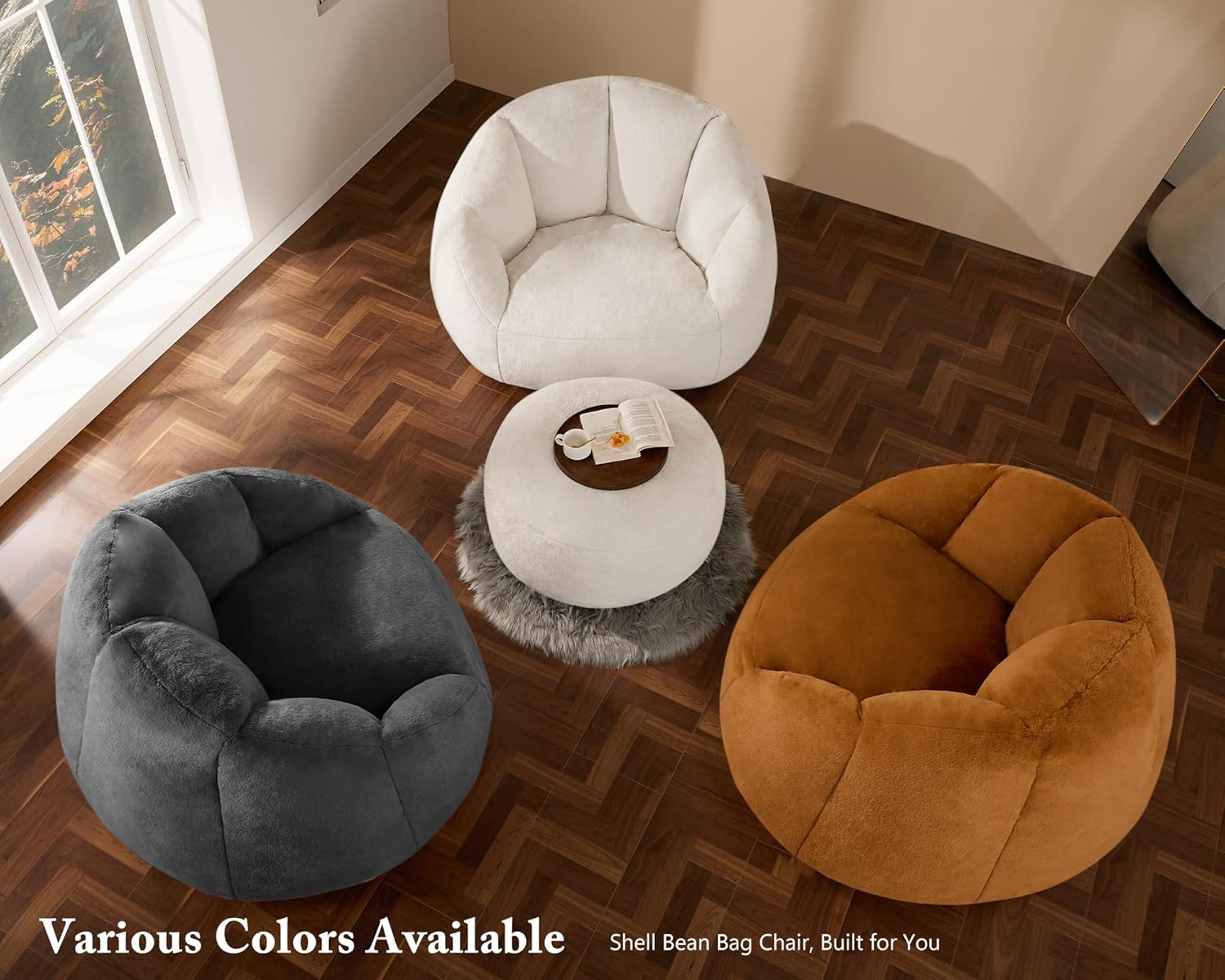Gericco Swivel Giant Bean Bag Chair for Adults with Ottoman - Comfy Plush Round Shell Soft Accent Chaise Lounge Indoor Chair, Oversized Cozy Floor Sofa for Living Room, Bedroom & Game Rooms, Beige