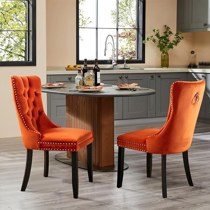 Velvet Upholstered Dining Chairs Set of 2, Modern Style Kitchen Side Chairs with Nailhead Trim and Wood Legs,Metal Pulling Ring for Dining Room Living Room(Orange,Set of 2)