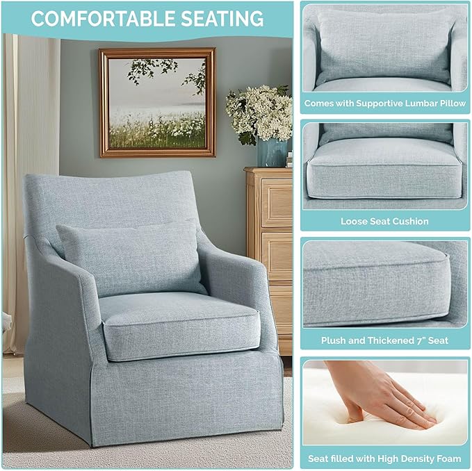Martha Stewart London Swivel Chair - Solid Wood & Plywood, Skirted Metal Base Accent Armchair, Lumbar Pillow -Modern Classic Family Room Sofa Furniture Bedroom Lounge, 28"X31.5"X35.25", Light Blue