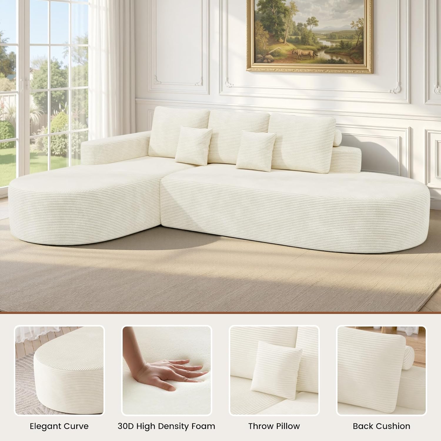 112" Modular Curved Cloud Couch, Oversized Couches for Living Room, Modern Boneless Sectional Sofa with Deep Seat, Foam Couch, No Assembly Required, Beige, 1PCS