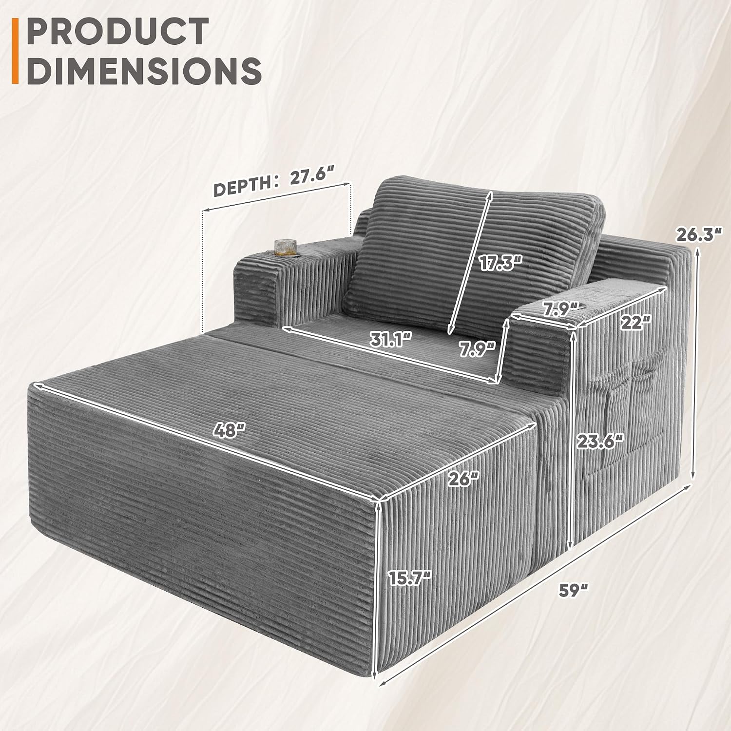 Homall Oversized Chaise Lounge Chair, Cloud Couch with Fluffy Upholstered, Deep Seat Sleeper Sofa Bed with Two Cup Holders, Comfy Boneless Couch No Assembly Required for Living Room, Apartment (Grey)