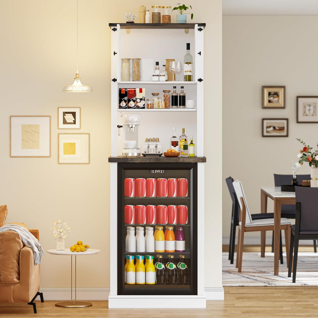 73'' Tall Mini Fridge Cabinet with Storage Hutch, Farmhouse Coffee Bar with Mini Fridge Space, Wine Bar Cabinet for Kitchen, Dining Room, Living Room