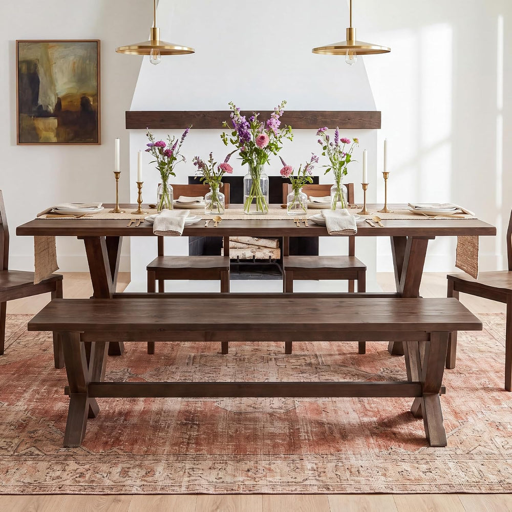 59" Solid Wood Entryway Bench, Farmhouse Long Dining Bench Seat with X-S...