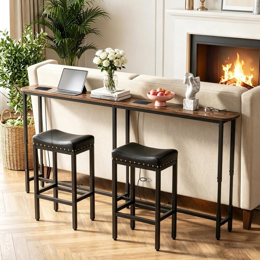 Forteek 78.8" Narrow Sofa Table with Power Outlets, Adjustable Height | ...