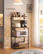 VASAGLE BARNET Collection - Kitchen Bakers Rack with Power Outlet, 23.6-Inch Wide Coffee Bar 4-Tier with 8 S Hooks, Modern Microwave Stand, Adjustable Shelf, Rustic Brown and Ink Black UKKS014K01V1