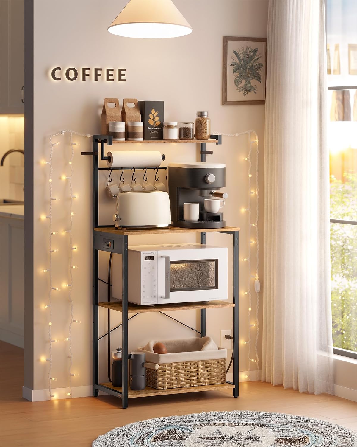 VASAGLE BARNET Collection - Kitchen Bakers Rack with Power Outlet, 23.6-Inch Wide Coffee Bar 4-Tier with 8 S Hooks, Modern Microwave Stand, Adjustable Shelf, Rustic Brown and Ink Black UKKS014K01V1