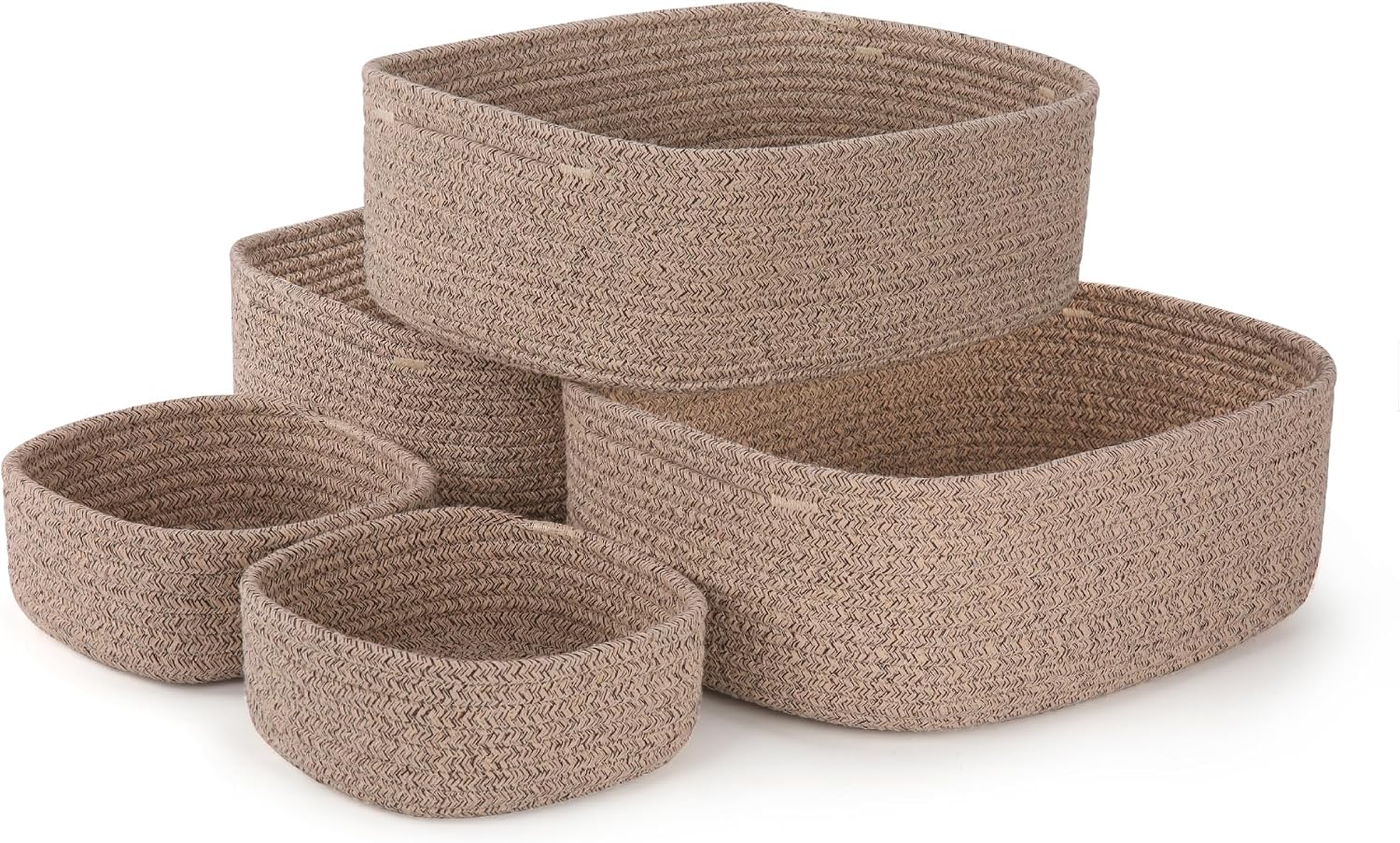 5-Pack Large Woven Rope Storage Baskets, 2 Sizes Organizer Bins | Fabric Cube Boxes and Rectangular Shallow Bins for Closet, Shelf, Bookshelf, Nursery, Changing Table, Bathroom, Toys & Home
