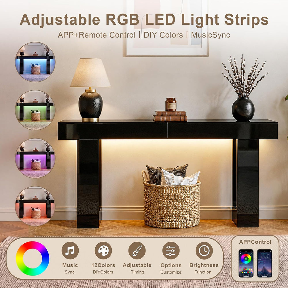ChooChoo High Gloss 63 Inch Long Console Table with LED Light | Modern Entryw...