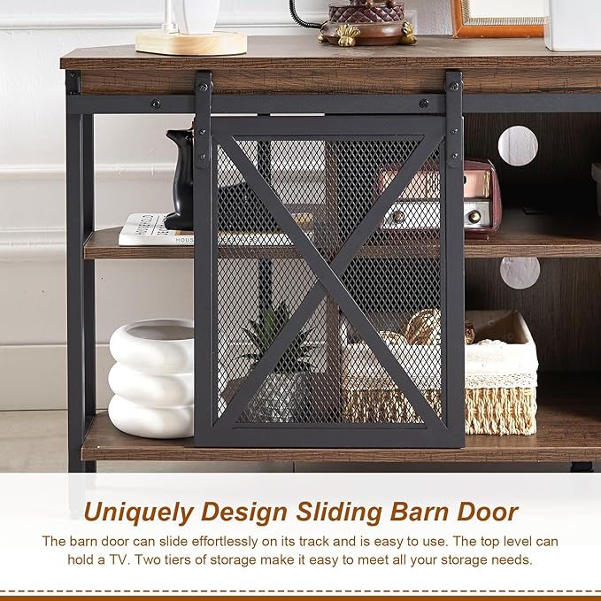HOMISSUE Corner TV Stand for 55 Inch TV, Rustic Corner Entertainment Center with Storage, Industrial Media Console Table with Sliding Barn Door, Entertainment Center for Living Room, Brown