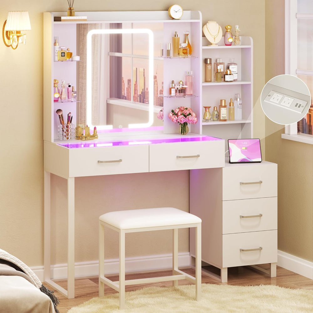 HUAHUU Vanity Desk with Mirror and Lights 3 Colors, 43.3" Makeup Vanity ...