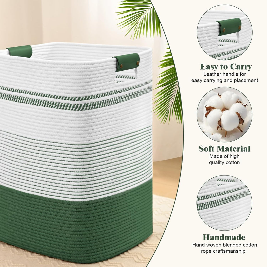 Laundry Hamper, 85L Tall Laundry Basket with Leather Handles, Rectangle Large Clothes Hamper for Organizing, Cotton Woven Laundry Baskets Storage Hampers for Bedroom, Nursery, Living Room