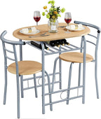 Yaheetech 3 Piece Dining Table Set, Kitchen Table & Chair Sets for 2, Compact Bistro Table Set with Steel Legs, Built-in Wine Rack for Small Space, Apartment, Breakfast Nook, Natural
