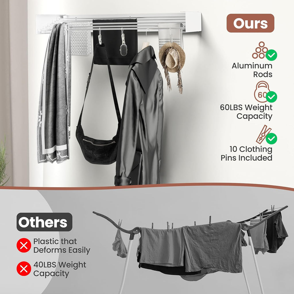 Wall-Mounted Clothes Drying Rack – Foldable Laundry Drying Rack, Space-Saving Wall Mounted Clothes Rack, Tri-Fold Wall Mounted Drying Rack for Laundry Room