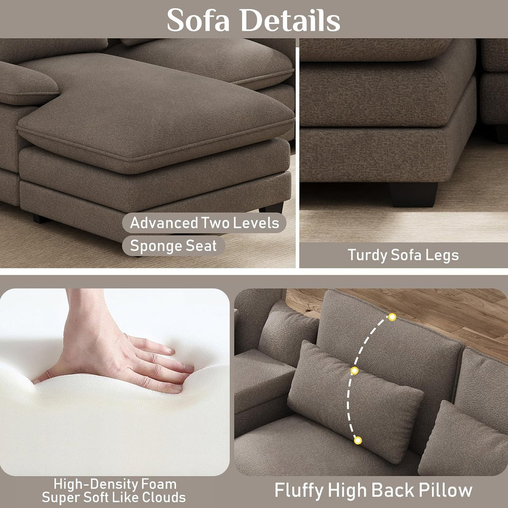 OUYESSIR 133" U Shaped Cloud Sectional Couch with USB Port, Stone Grey | 4 Seat, Double Chaise Lounge, Central Console, Cup Holders